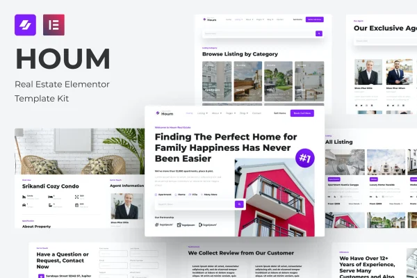Houm real estate Elementor template kit cover showing property website page designs