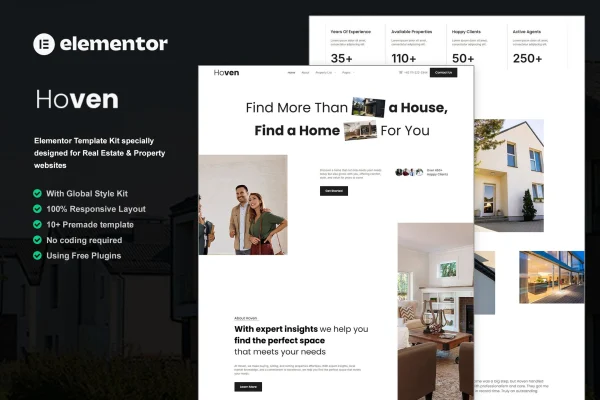 Hoven real estate and property Elementor template kit preview