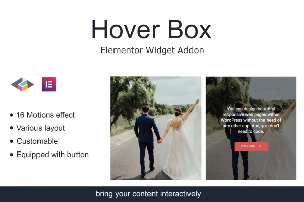 Hover Box for Elementor plugin banner showing interactive hover content boxes
