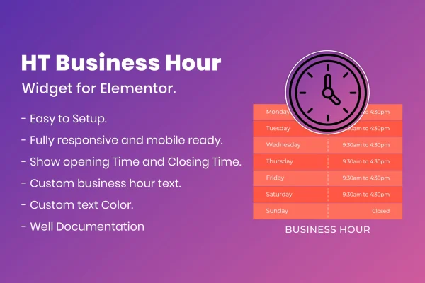 HT Business Hours for Elementor plugin banner showing a weekly opening hours widget