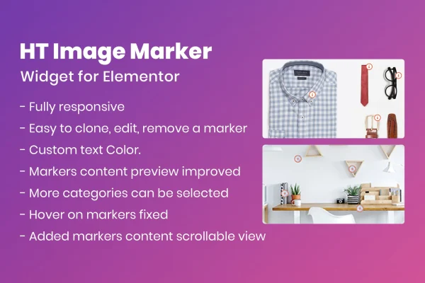 HT Image Marker for Elementor plugin banner showing an image with interactive markers