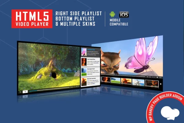 WPBakery Addon - HTML5 Video Player plugin banner with playlist and skin previews