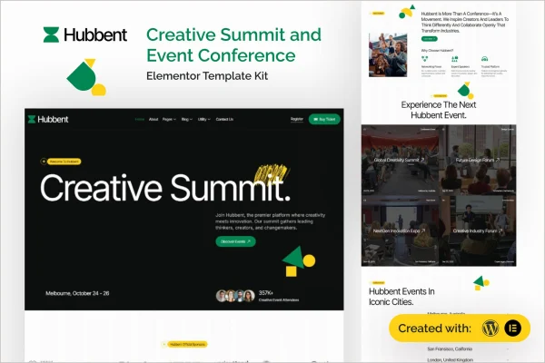 Hubbent creative summit and event conference Elementor template kit preview