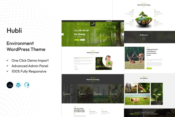 Hubli environment WordPress theme preview with eco-friendly homepage design