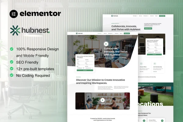 Hubnest coworking space and virtual office Elementor Pro template kit preview