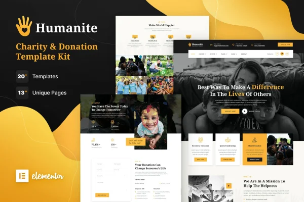 Humanite charity and donation Elementor template kit cover image