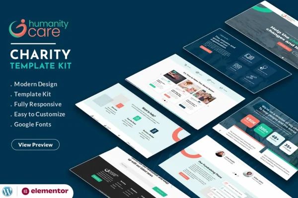 Humanity Care nonprofit charity Elementor template kit preview