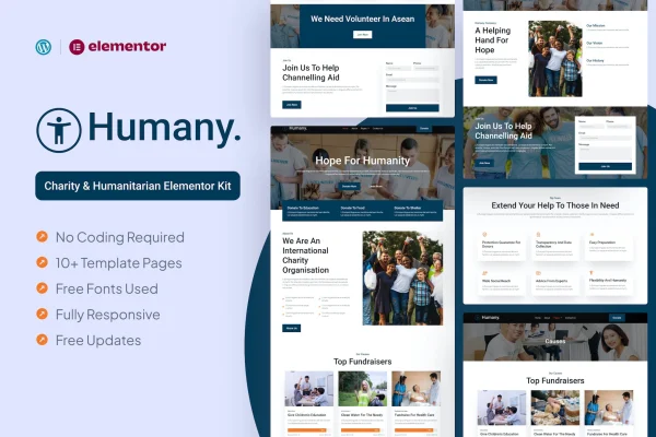 Humany charity Elementor Pro template kit preview with nonprofit website page layouts