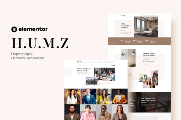Humz property agent Elementor template kit preview with real estate page layouts