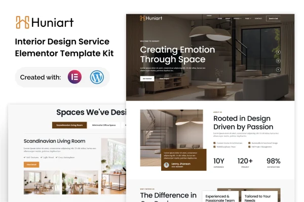 Huniart interior design Elementor template kit preview