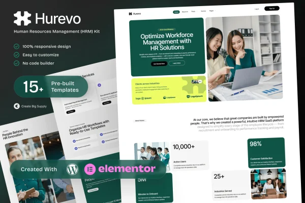 Hurevo HR management SaaS Elementor template kit preview