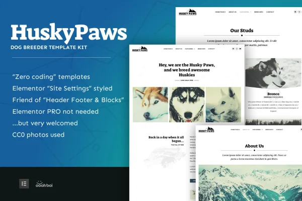 HuskyPaws dog breeder Elementor template kit cover showing website page layouts