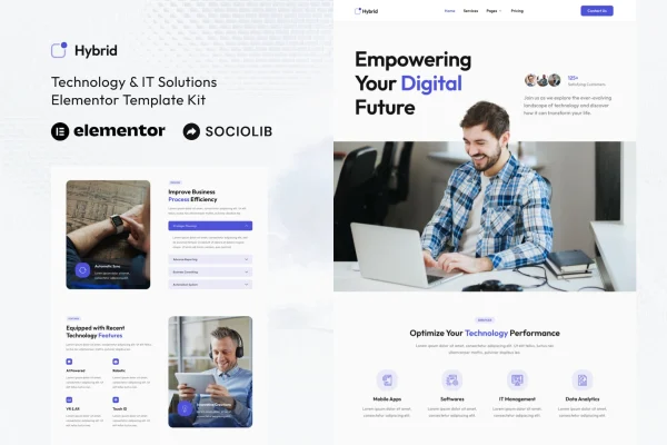Hybrid technology and IT solutions Elementor template kit page previews