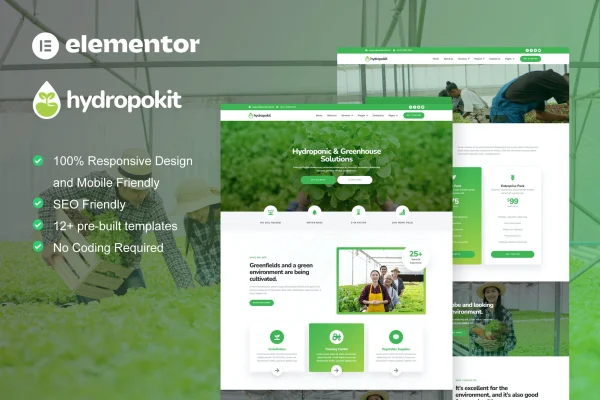 Hydropokit hydroponic and agriculture Elementor template kit preview