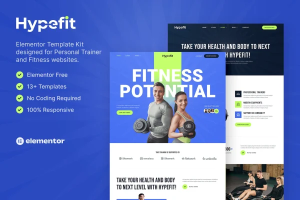 Hypefit personal trainer and fitness Elementor template kit preview