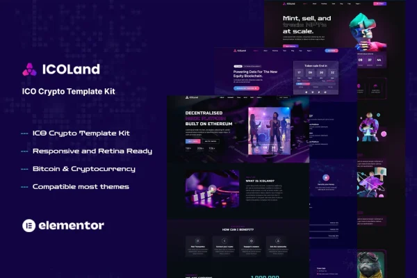 ICOLand NFT cryptocurrency Elementor template kit preview