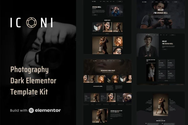 Iconi photography and portfolio Elementor template kit preview with dark design