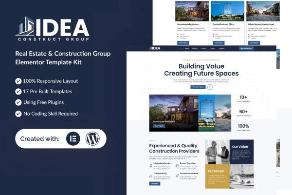 Idea real estate and construction Elementor template kit preview