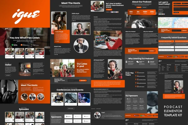 iGUE Podcaster Elementor Template Kit cover showing dark-themed podcast website pages