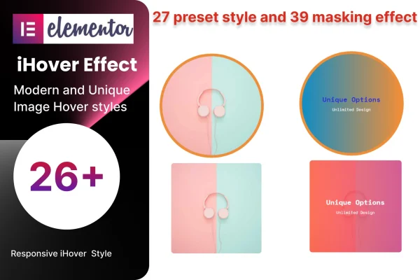 iHover Effect plugin banner showing image hover animations for Elementor