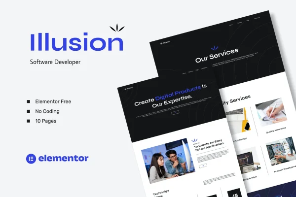 Illusion Elementor template kit preview showing software developer website pages