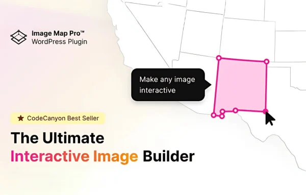 Image Map Pro for WordPress plugin banner showing an image with interactive hotspots