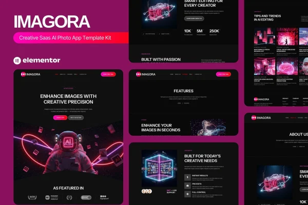 Imagora Elementor template kit preview for a creative SaaS AI photo app website
