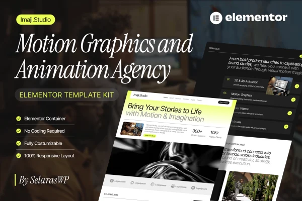 ImajiStudio Elementor Pro template kit cover for a motion graphics and animation agency