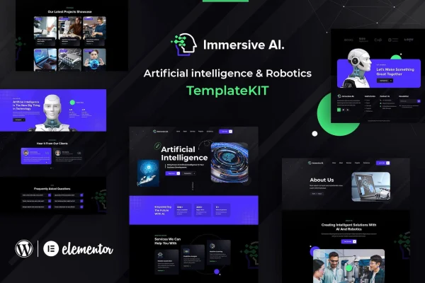 ImmersiveAI robotics Elementor template kit cover showing futuristic website page designs