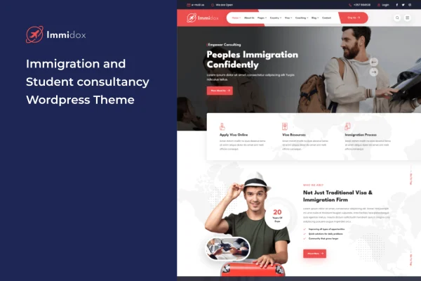 Immidox immigration WordPress theme cover showing a visa consultancy website design