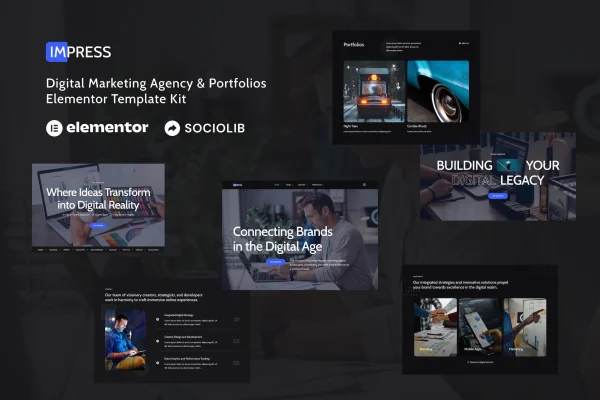 Impress digital marketing agency Elementor template kit preview with dark page layouts