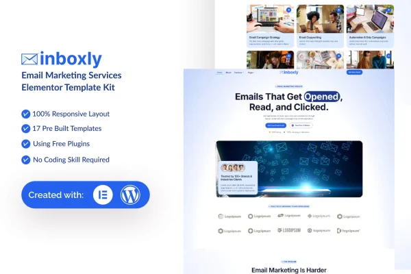 Inboxly Elementor template kit preview for an email marketing services website