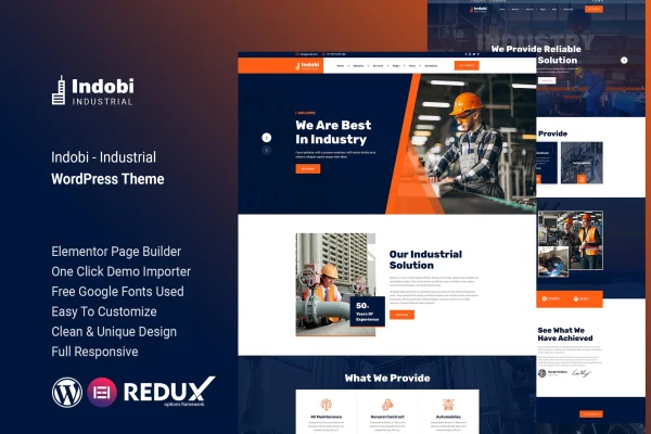 Indobi industrial WordPress theme preview with factory and construction website layouts