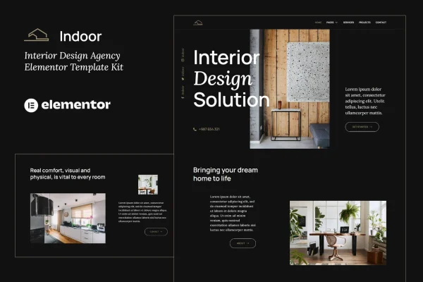 Indoor dark interior design and architecture Elementor template kit cover