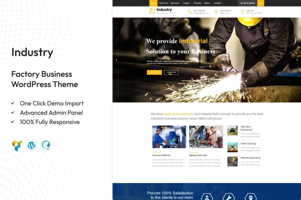 Industry factory business WordPress theme preview with industrial website layout