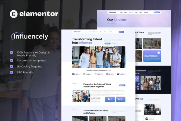 Influencely Elementor template kit preview for influencer and talent agencies