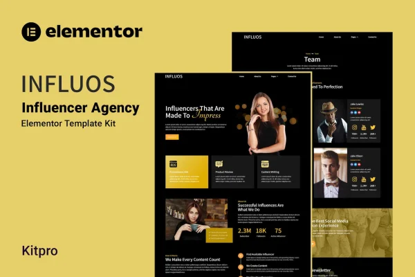 Influos influencer agency Elementor template kit preview showing website page layouts