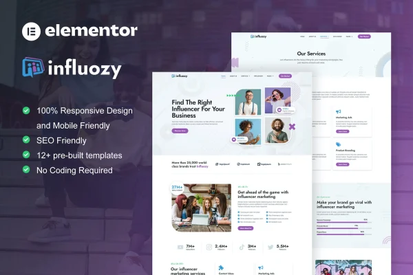 Influozy influencer marketing agency Elementor template kit preview