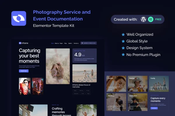 Inframe photography and event documentation Elementor template kit preview