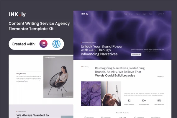 Inkly Elementor template kit preview for a content writing service agency website