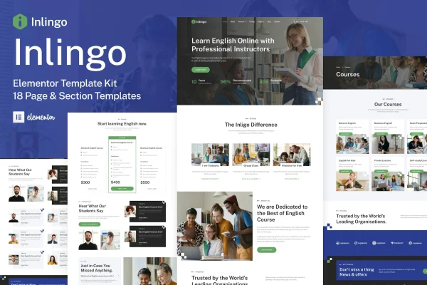 Inlingo English course Elementor template kit preview