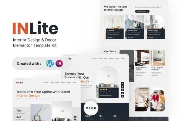 Inlite interior design and decor Elementor template kit cover image