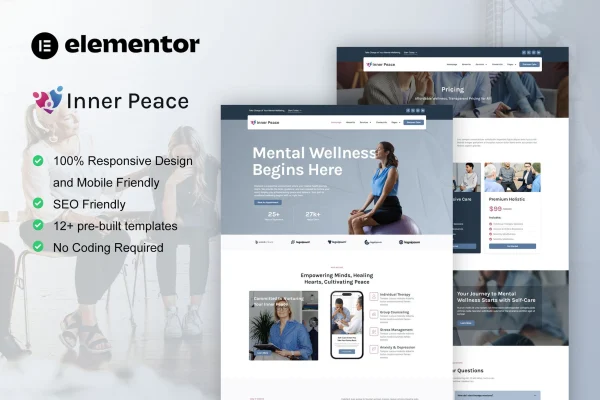 InnerPeace mental health care Elementor template kit preview with calm page layouts