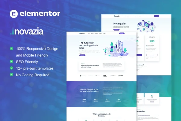 Inovazia IT services Elementor template kit cover showing website page layouts