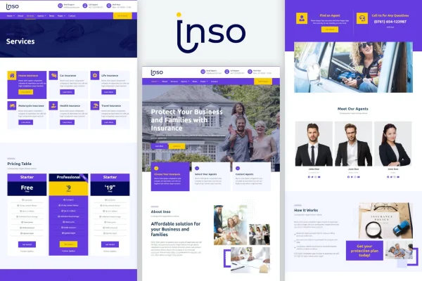 Inso insurance business Elementor template kit cover showing website page layouts