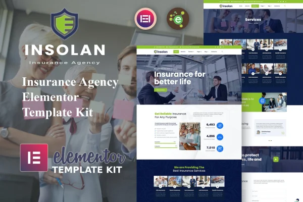 Insolan insurance agency Elementor template kit preview showing website page layouts