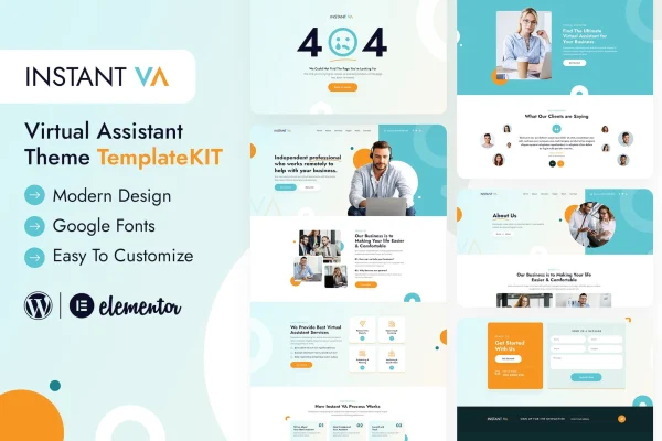 Instant VA virtual assistant Elementor template kit page previews