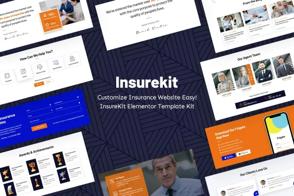 InsureKit Elementor template kit cover showing insurance website page designs
