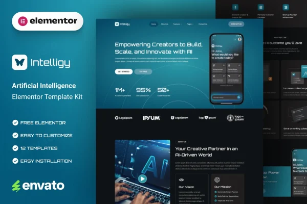 Intelligy artificial intelligence Elementor template kit preview