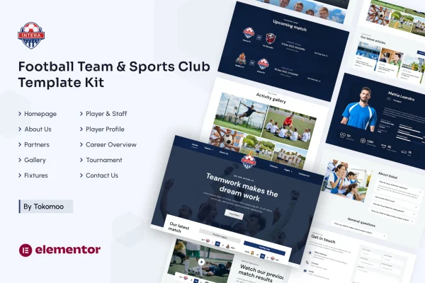Intera football team and sports club Elementor template kit preview